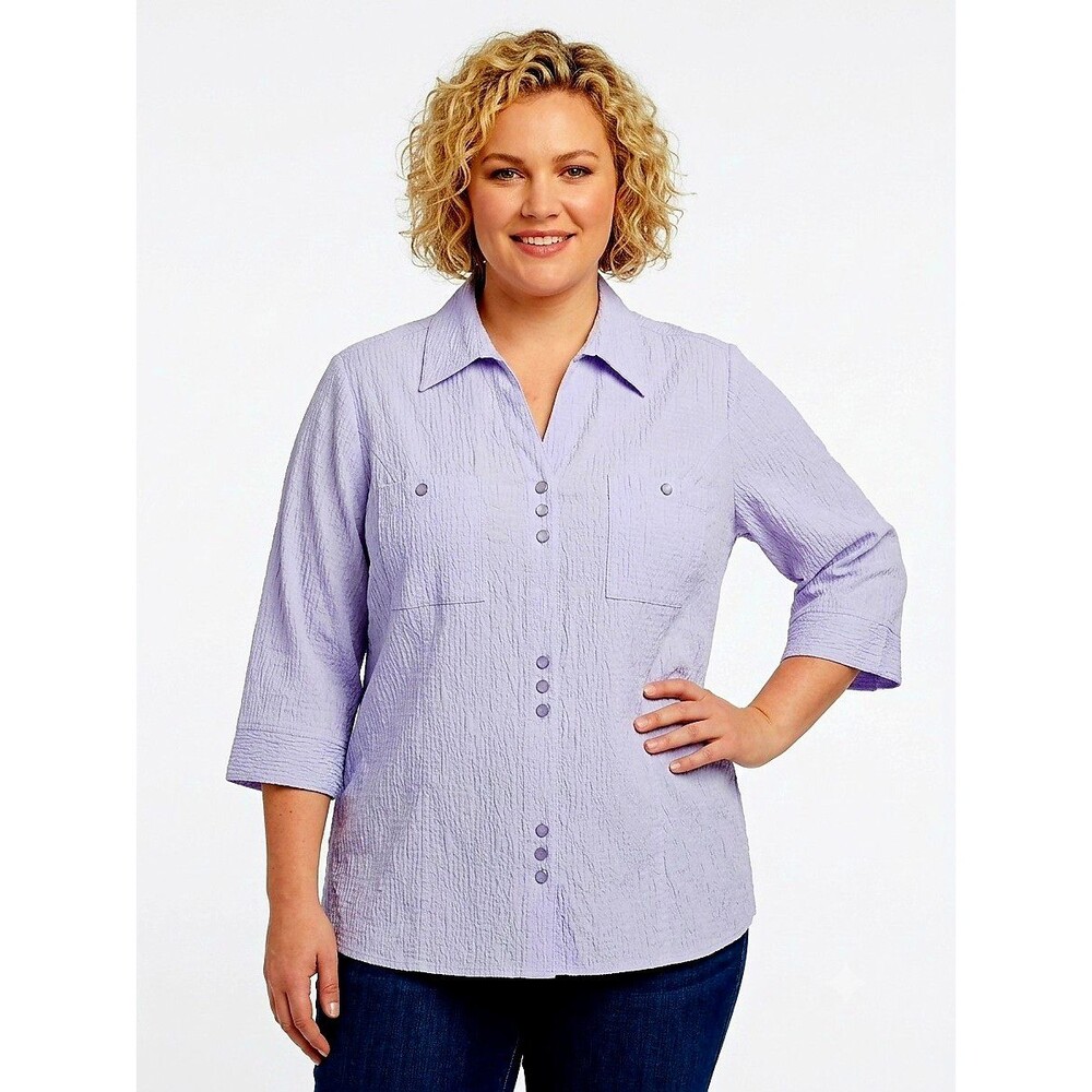 CJ Banks Womens Top 1X Purple Blouse Collared 3/4 Slv Pearl Snaps Bust 49"